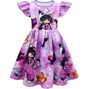 Girls Game Graphic Dress Cartoon Cute Outfit Kids Ruffle Sleeve Dresses Birthday Gift