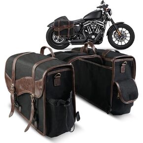 NICECNC Motorcycle Saddle Bags, Vintage Oil Waxed Canvas Motorcycle Saddlebags, Motorcycle Panniers Side Throw Over Saddle Bags Compatible with Harley Honda Suzuki Yamaha Adventure Street Glide Black