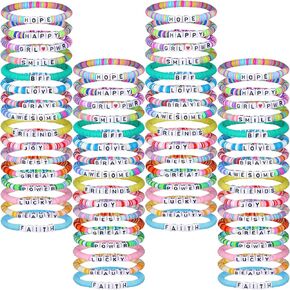 64 Pcs Friendship Bracelets Bulk Women Beaded Bracelets Heishi Surfer Bracelets Inspirational Stackable Bracelets Stretch Vinyl Disc Beaded Bracelets for Friend Gifts