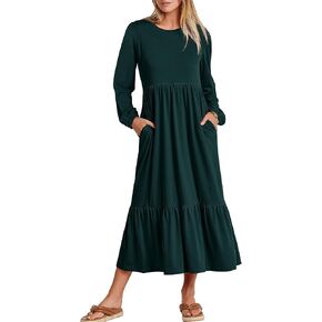 ANRABESS Women's Casual Long Sleeve Midi Dress 2024 Fall Crewneck A Line Tiered Flowy Loose Trendy Dresses with Pockets