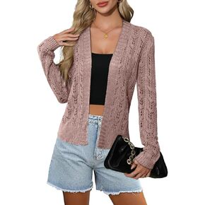 Womens Lightweight Crochet Cropped Cardigan Sweaters Trendy Casual Long Sleeve Hollow Out Bolero Shrug Sweater