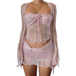 xxxiticat Women's Hollow Out Skirt Matching Set Long Sleeve Cardigan Jacket Bralette Crop Top Crochet Skirt Three Piece Suit