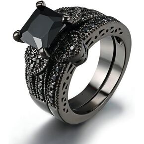 Unique 925 Sterling Silver Black Gem Ring Fashion Black Flare Set Ring Double Row Black Diamond Ring Black Gold Fill Set CZ Eternal Engagement Wedding Jewelry-Making-Patterns