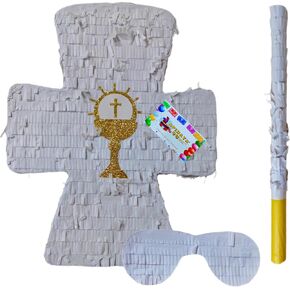 APINATA4U White Cross Pinata with Gold Chalice Accents (17.5x13.4x3.5 Inch) - Perfect for Baptism or First Communion Celebrations - Complete Kit with Stick and Mask Included!