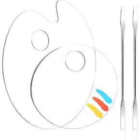2 Pcs Clear Acrylic Makeup Palette with 2 Metal Spatula, Oval & Round Cosmetic Makeup Palette Tray with Thumb Hole, Foundation Mixing Palette Plate for Eyeshadow Nail Polish Pigment Art Paint