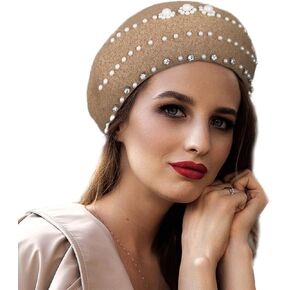 Wooee Pearl French Beret Hat قبعة نايلون كاكي كلاسيكية بلون سادة قبعة شتوية دافئة للنساء والفتيات والسيدات in Kuwait