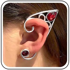 Vintage Crystal Ruby Elf Ear Cuff Earrings Elf Cartilage Earrings Teardrop Ruby Earrings Silver Elf Ear Wrap Earrings Jewelry for Women