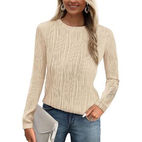 PRETTYGARDEN Women's Basic Plain Tee Shirts Fall Long Sleeve Crewneck Textured Dressy Casual Blouse Tops