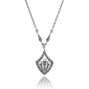 Gemondo USA 925 Sterling Silver Art Deco Opal and Marcasite Pendant with 38+5 (extension) cm Cable Chain Necklace