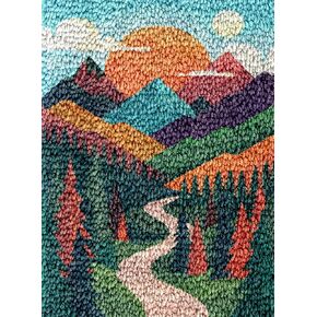 Sunset Mountain Tree Scene Latch Hook Rug Kit for Adults DIY Carpet Cushion with Printed Canvas Crochet Yarn Craft Hook and Latch Tapestry for Home Decor Pets Warm Pads 52x38cm