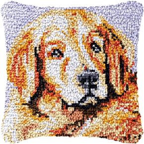 Golden Retriever Latch Hook Pillow Kit for Adults Throw Pillow Cover with Printed Canvas Crochet Yarn Needle Craft Easy DIY Handmade Cushion for Sofa Decoration 43x43cm