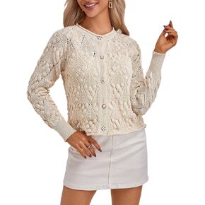 FAIRY SEASON Women's Cardigan Sweaters Casual Long Sleeve Button Cable Knit Cropped Cardigans 2024 Trendy Jackets Outerwear