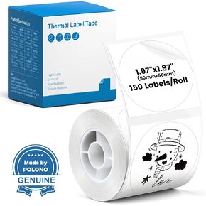 POLONO Thermal Labels for PM220S Label Maker, 2 inch (50mm) Round Thermal Label, Waterproof, Multi-Purpose Label Tape, 1 Roll of 150 Self-Adhesive Thermal Paper (White)