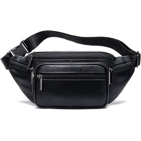 Genuine Leather Fanny Pack Crossbody Multi-Pouches Belt Bag Travel Waist Purse with Adjustable Strap,Black