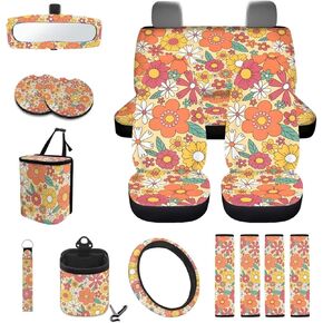 Wanyint Aztec Highland Cow Sunflower Car Seat Cover Seat Protector 15 PCS, with Steering Wheel Cover Seat Belt Pad Garbage Bag Air Vent Bag Rearview Mirror Cover Coasters Key Chain Universal Fit