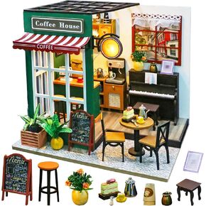 Miniature Dollhouse Kit, DIY Afternoon Coffee Shop with LED Lights, 1:24 Scale Creative Mini House Building Kit Idea Gift for Boy Girl Women Friend Super Creator-3D Wooden Craft Mini Model Kit