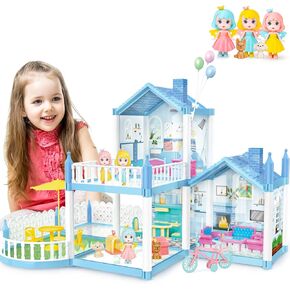 deAO Dollhouse Pretend Play,2-Story 3 Rooms Dollhouse 7-8,Dollhouse Furniture and Accessories,DIY Building Plastic Dollhouse for 3+ Girl Gifts,Blue