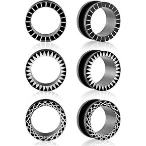 Longbeauty 3 Pairs Black Gauges for Ears 316L Stainless Steel Ear Tunnels Plugs with Unique Line Ear Stretchers Earrings for Women Men
