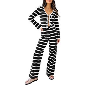 Tankaneo Womens Tie Front Top Lounge Sets Striped Knit Long Sleeve Shirts and Pants 2 Piece Pajamas Outfits