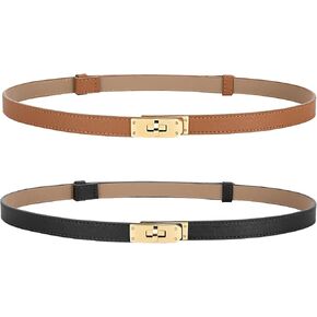 Women Thin Leather Adjustable Belts 2 Pack Skinny Belts with Alloy Turn Lock