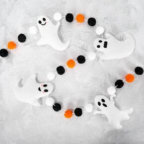 Whaline 6.6Ft Halloween Theme Banner Different Expressions Cute Ghosts Banner Black White Orange Party Banner Felt Ball Garland for Halloween Haunted Houses Decors Doorways Home Mantel Suppliers