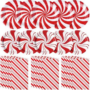 150 Pcs Christmas Candy Cane Party Plates Supplies,Christmas Disposable Dinner Tableware Peppermint Swirl Red White Paper Plates and Napkins for Christmas New Year Holiday Party Decorations,Serve 50