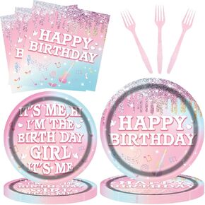 96 Pcs Its Me Hi Im The Birthday Girl Tableware Set, Music Theme Happy Birthday Decoration for Singer Fans, Iridescent Birthday Party Supplies for Music Fans Plates Napkins Forks for 24 Guests