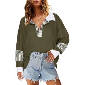 Zeagoo Women's Sweatshirt Striped Long Sleeve Henley Button Casual Loose Pullover Tunic Tops 2024 Fall Shirt Outfits