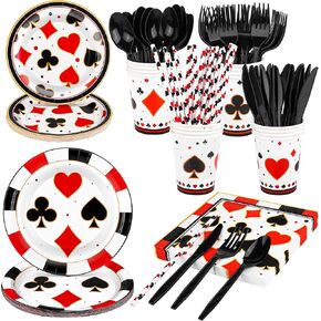 durony 147 Pieces Casino Party Bundle Casino Theme Party Supplies Set, Includes Plates, Napkins, Cups, Staws, and Cutlery for Casino Poker Theme Party Decorations Serves 16 Guests