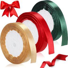 Hicarer 3 Rolls 75 Yards Christmas Satin Ribbon 1/2 Inch Continuous 25 Yards Red Green Gold Double Face Satin Ribbons for DIY Crafts Gift Xmas Wrapping Bows Bouquet