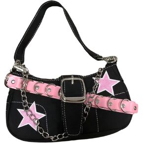 Y2K Aesthetic Shoulder Purse Handbag Women Hajaruku Star Bags Punk Chain Belt Canvas Purse Small Hobo Bag Y2K Stuff