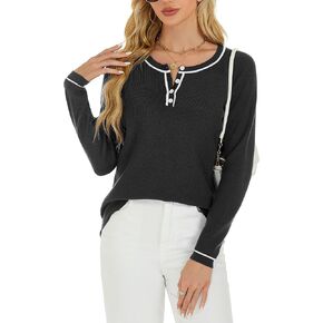 Women Lightweight Sweater Long Sleeve Button Down Round Neck Pullover Sweaters Sweatshirt