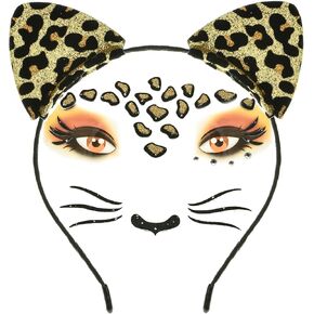 Merroyal Glitter Cat Ears Headband with Cat Face Jewels, Halloween Costume Accessory