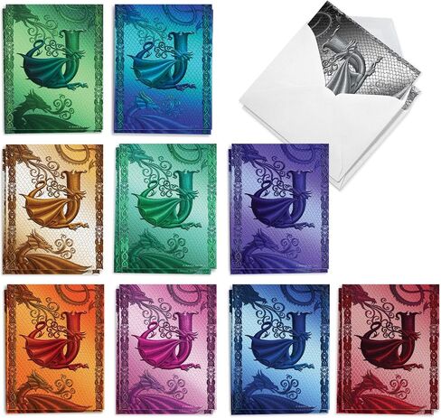 The Best Card Company - 20 Assorted Colored Monogram Blank Notecards, Personal Stationary Bulk Box Set 4 x 5.12 Inch w/Envelopes, Miss you and Just Because Notes - Dragon Initials J AM10319OCB-B2x10 in Saudi Arabia