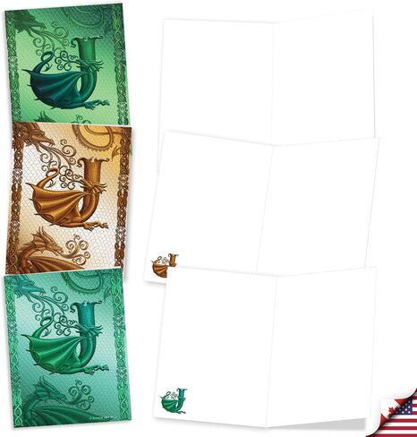 The Best Card Company - 20 Assorted Colored Monogram Blank Notecards, Personal Stationary Bulk Box Set 4 x 5.12 Inch w/Envelopes, Miss you and Just Because Notes - Dragon Initials J AM10319OCB-B2x10 in Saudi Arabia