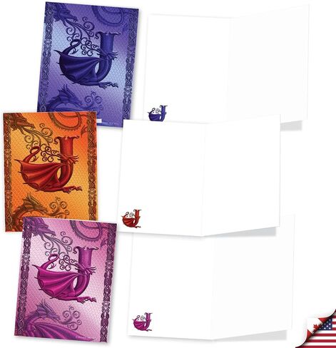 The Best Card Company - 20 Assorted Colored Monogram Blank Notecards, Personal Stationary Bulk Box Set 4 x 5.12 Inch w/Envelopes, Miss you and Just Because Notes - Dragon Initials J AM10319OCB-B2x10 in Saudi Arabia