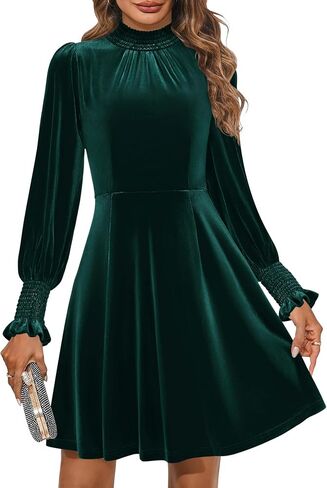 ZESICA Women's Fall Velvet Mini Dress 2024 Long Sleeve Mock Neck High Waist Ruffle A Line Flowy Party Dresses in Saudi Arabia