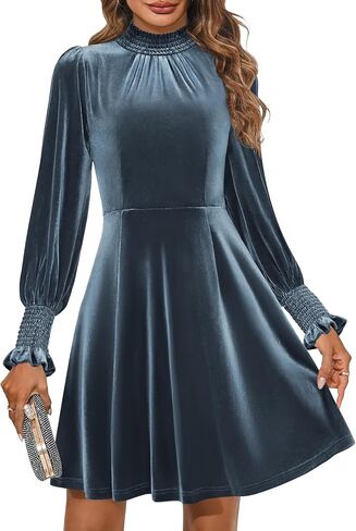 ZESICA Women's Fall Velvet Mini Dress 2024 Long Sleeve Mock Neck High Waist Ruffle A Line Flowy Party Dresses in Saudi Arabia
