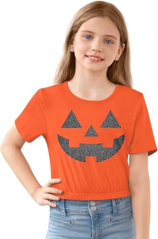 BesserBay Girls Halloween Printed Crewneck Short Sleeve Waist Trimming Crop Tops 5-14 Years in Kuwait