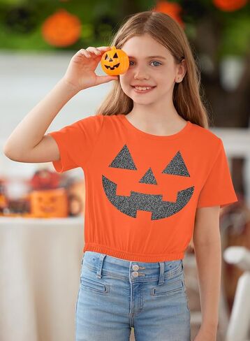 BesserBay Girls Halloween Printed Crewneck Short Sleeve Waist Trimming Crop Tops 5-14 Years in Kuwait