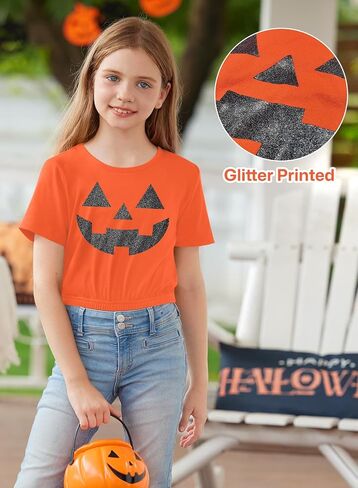 BesserBay Girls Halloween Printed Crewneck Short Sleeve Waist Trimming Crop Tops 5-14 Years in Kuwait