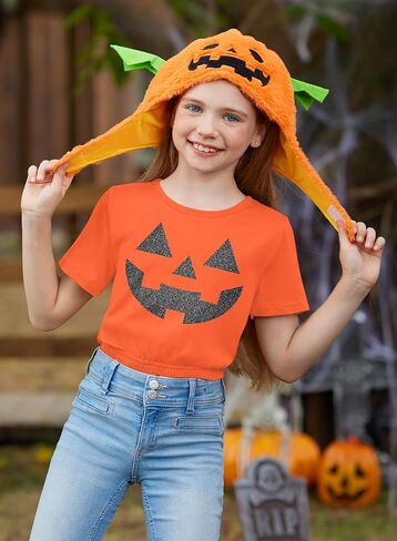 BesserBay Girls Halloween Printed Crewneck Short Sleeve Waist Trimming Crop Tops 5-14 Years in Kuwait