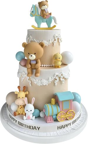 15Pcs Bear Cake Toppers - Cute Mini Animal Characters Figure for Cake Decorations Bear Figurines with Train & Pearl Balls DIY Cake Toppers for Boy Girl Baby Shower Birthday Party Supplies (Colorful) in Kuwait