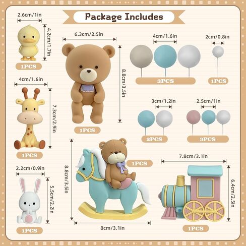 15Pcs Bear Cake Toppers - Cute Mini Animal Characters Figure for Cake Decorations Bear Figurines with Train & Pearl Balls DIY Cake Toppers for Boy Girl Baby Shower Birthday Party Supplies (Colorful) in Kuwait