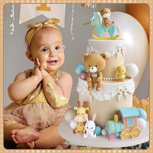 15Pcs Bear Cake Toppers - Cute Mini Animal Characters Figure for Cake Decorations Bear Figurines with Train & Pearl Balls DIY Cake Toppers for Boy Girl Baby Shower Birthday Party Supplies (Colorful) in Kuwait