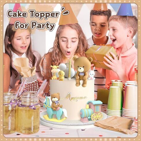 15Pcs Bear Cake Toppers - Cute Mini Animal Characters Figure for Cake Decorations Bear Figurines with Train & Pearl Balls DIY Cake Toppers for Boy Girl Baby Shower Birthday Party Supplies (Colorful) in Kuwait