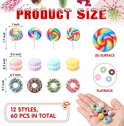VioraWhite 60 Pcs Mini Christmas Decoration Miniature Fake Candy Decor for DIY Crafts Donut Macaroon Lollipop Cake Embellishment Xmas Tiny Candy Ornaments for DIY Craft Making Scrapbooking Supplies in Saudi Arabia