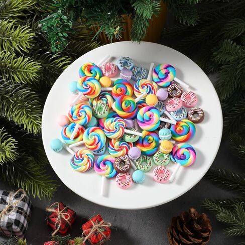 VioraWhite 60 Pcs Mini Christmas Decoration Miniature Fake Candy Decor for DIY Crafts Donut Macaroon Lollipop Cake Embellishment Xmas Tiny Candy Ornaments for DIY Craft Making Scrapbooking Supplies in Saudi Arabia
