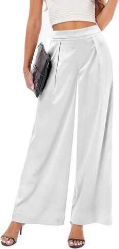 Women's Satin Wide Leg Palazzo Pants Plicated Silky Pull on Party Dress Casual Pant Trouser in Kuwait