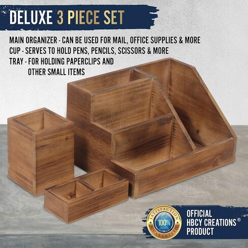 HBCY Creations 3 PIECE Rustic Wooden Desk Organizer Set- Rustic Mail Organizer For Desktop - Great For Rustic or Industrial Home Decor! Rustic Makeup Organizer For Vanity in Saudi Arabia
